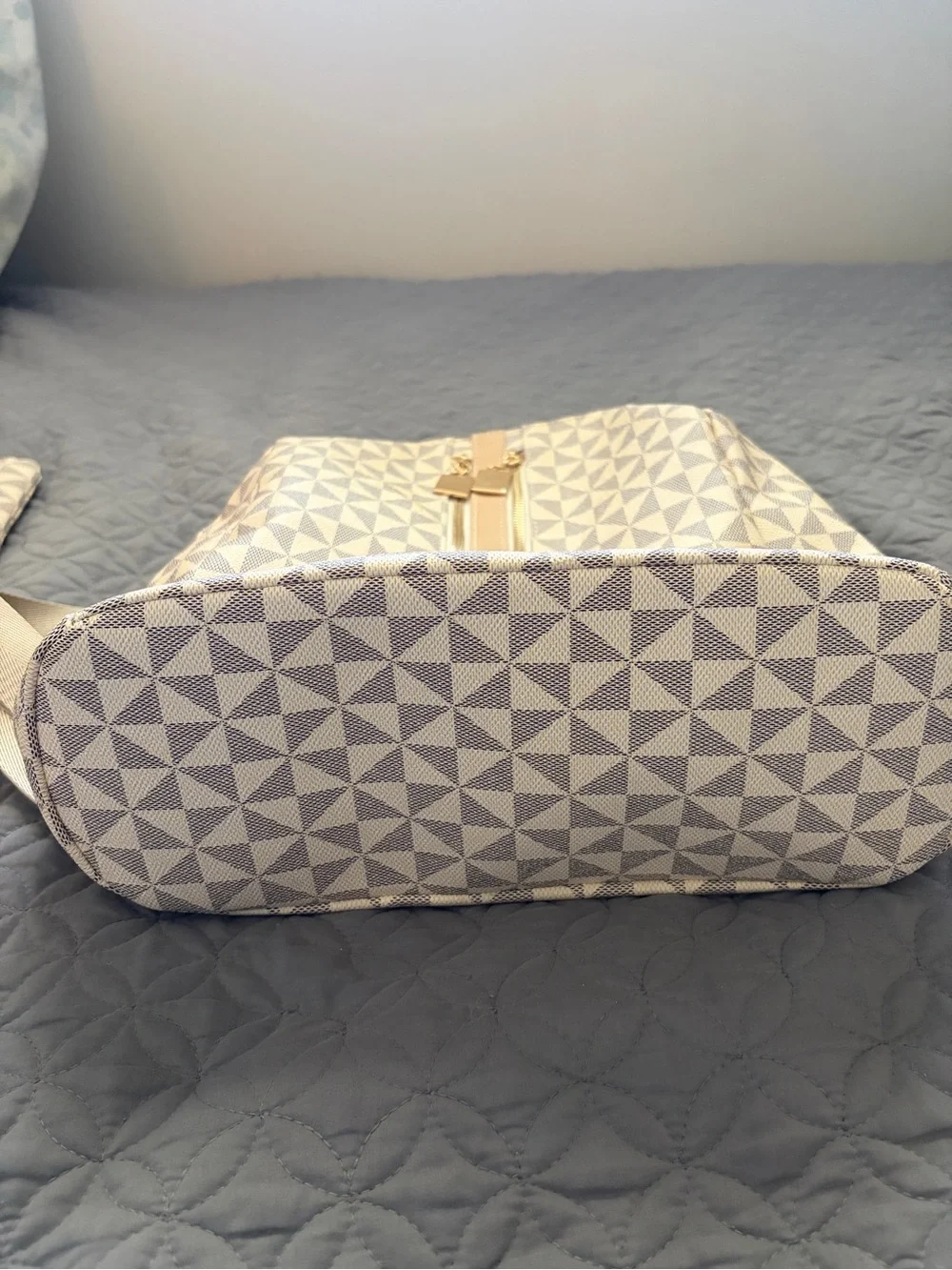 Beige Geometric Women's Backpack Purse with Matching Pouch - Contemporary Style